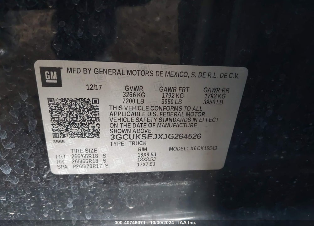 2018 CHEVROLET SILVERADO 1500 2LZ VIN: 3GCUKSEJXJG264526