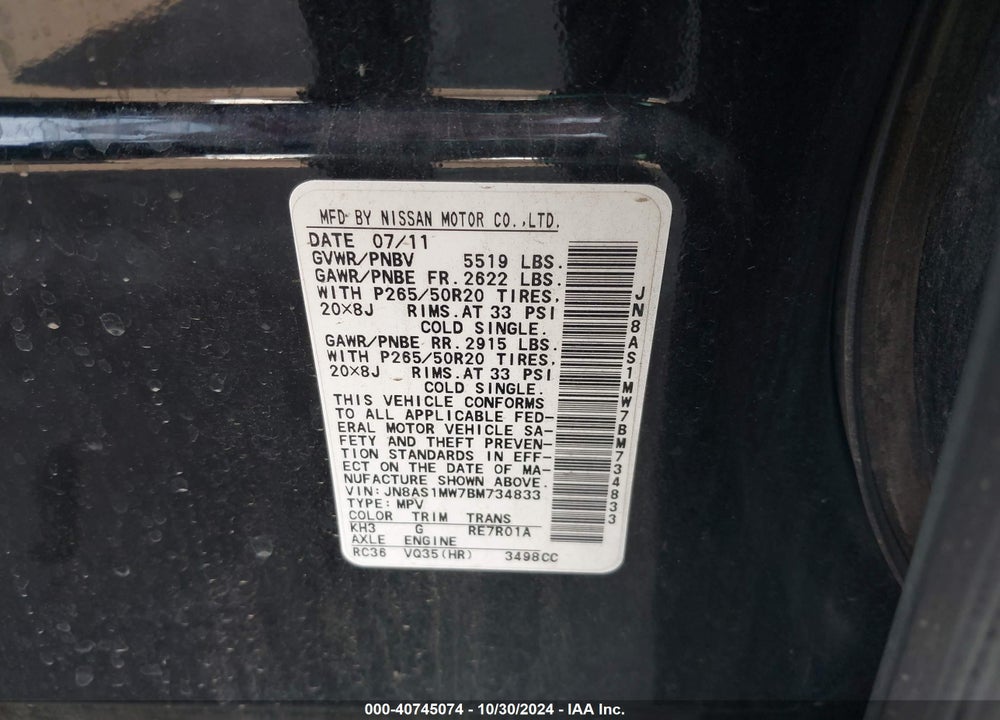 2011 INFINITI FX35 VIN: JN8AS1MW7BM734833
