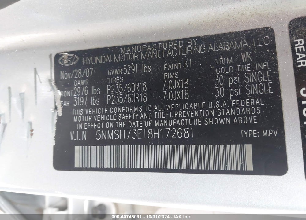 2008 HYUNDAI SANTA FE LIMITED/SE VIN: 5NMSH73E18H172681