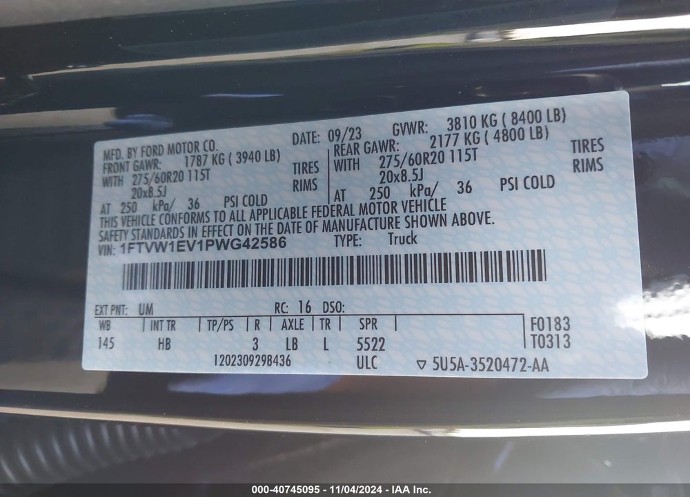 2023 FORD F-150 LIGHTNING LARIAT VIN: 1FTVW1EV1PWG42586