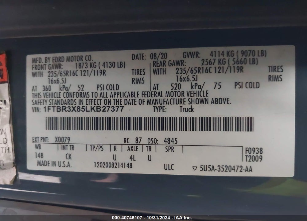 2020 FORD TRANSIT-250 CARGO VAN VIN: 1FTBR3X85LKB27377