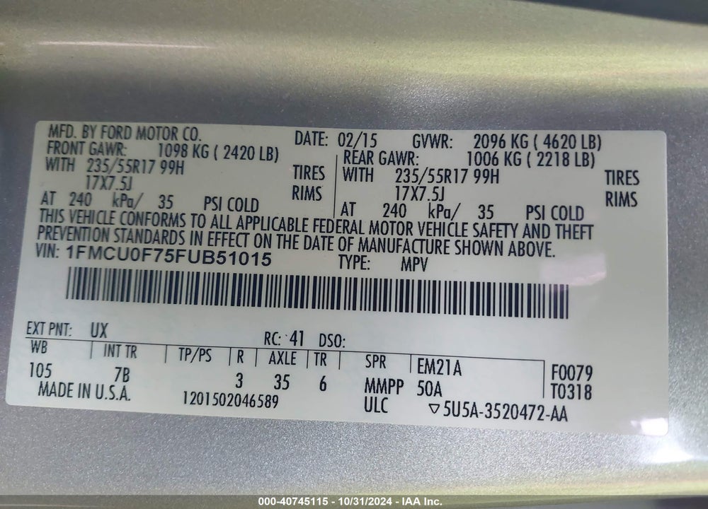 2015 FORD ESCAPE S VIN: 1FMCU0F75FUB51015