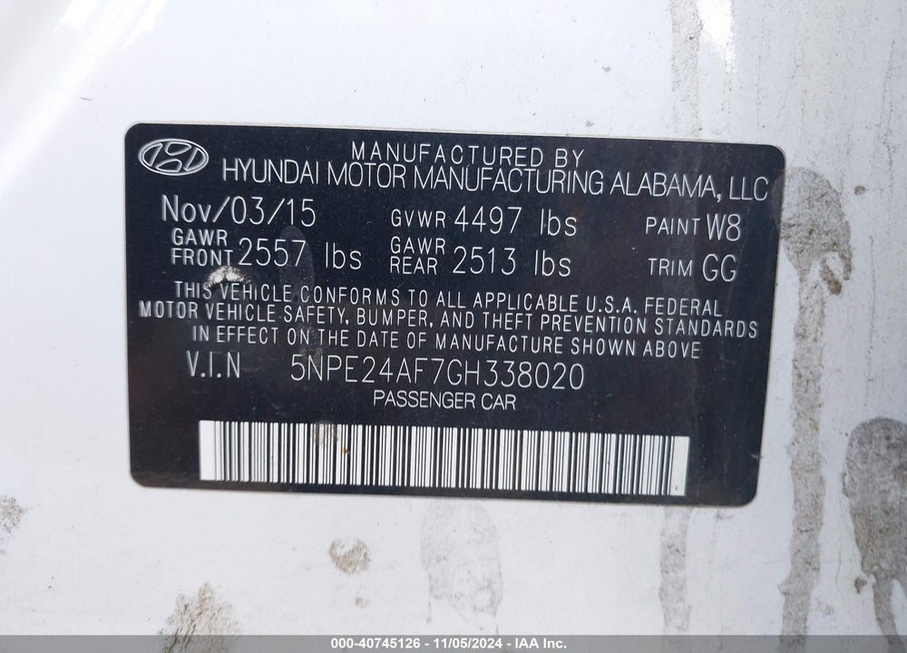 2016 HYUNDAI SONATA SE VIN: 5NPE24AF7GH338020