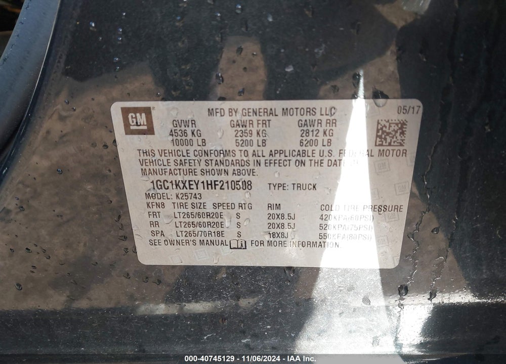 2017 CHEVROLET SILVERADO 2500HD VIN: 1GC1KXEY1HF210508