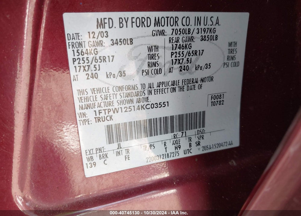 2004 FORD F-150 LARIAT/XLT VIN: 1FTPW12514KC03551