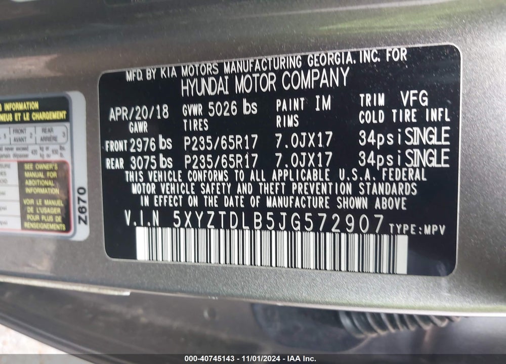 2018 HYUNDAI SANTA FE SPORT 2.4L VIN: 5XYZTDLB5JG572907
