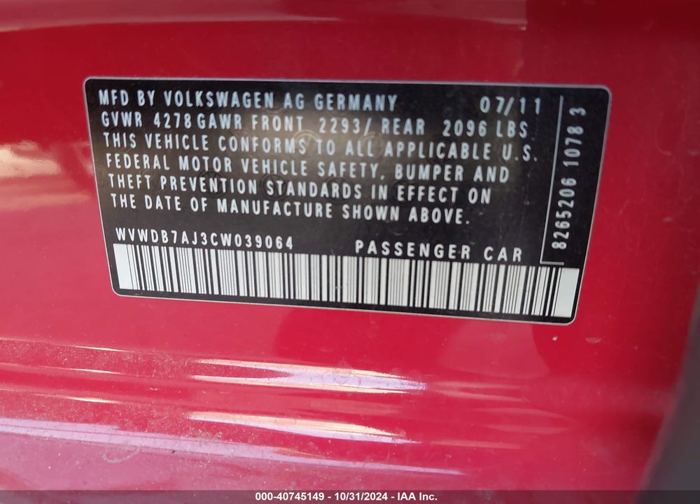 2012 VOLKSWAGEN GOLF 2.5L 4-DOOR VIN: WVWDB7AJ3CW039064