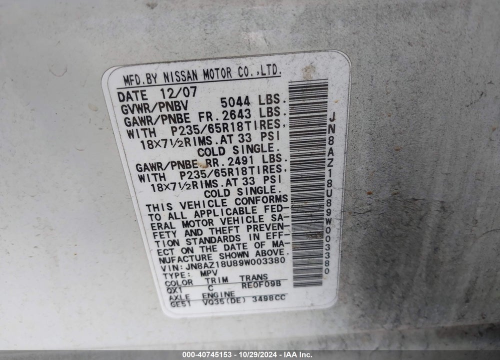 2009 NISSAN MURANO S VIN: JN8AZ18U89W003380