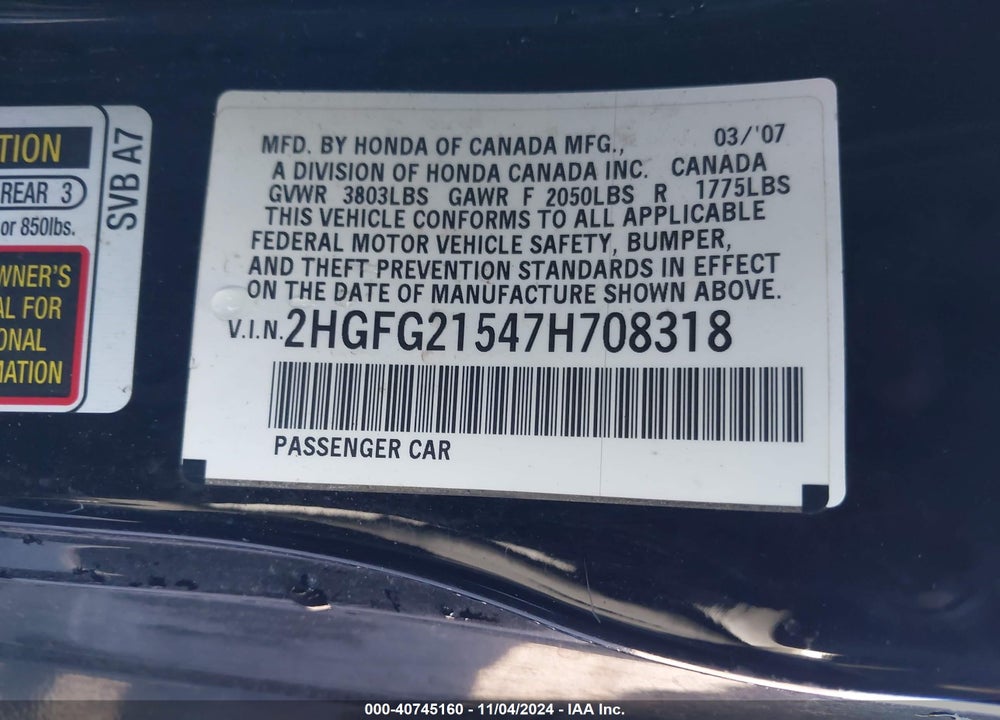 2007 HONDA CIVIC SI VIN: 2HGFG21547H708318