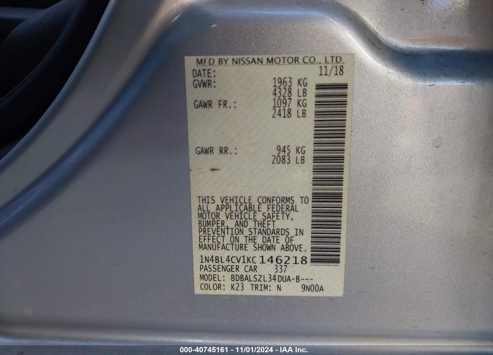 2019 NISSAN ALTIMA 2.5 SR VIN: 1N4BL4CV1KC146218