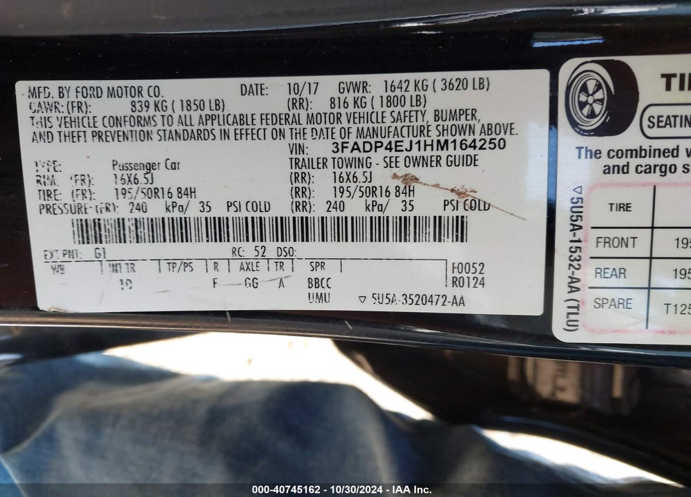 2017 FORD FIESTA SE VIN: 3FADP4EJ1HM164250