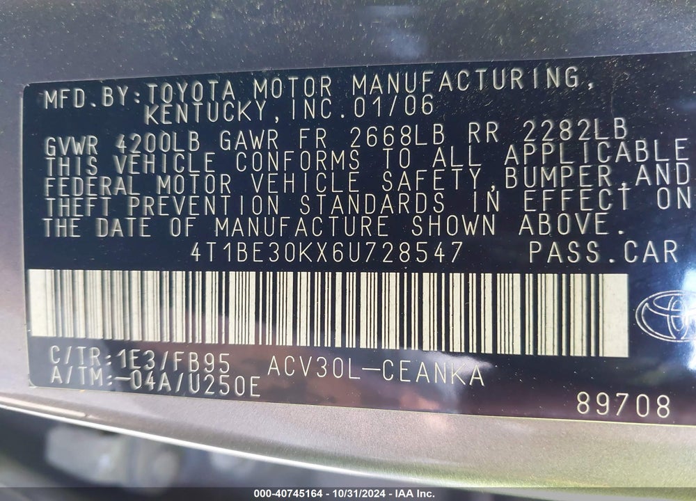 2006 TOYOTA CAMRY LE VIN: 4T1BE30KX6U728547