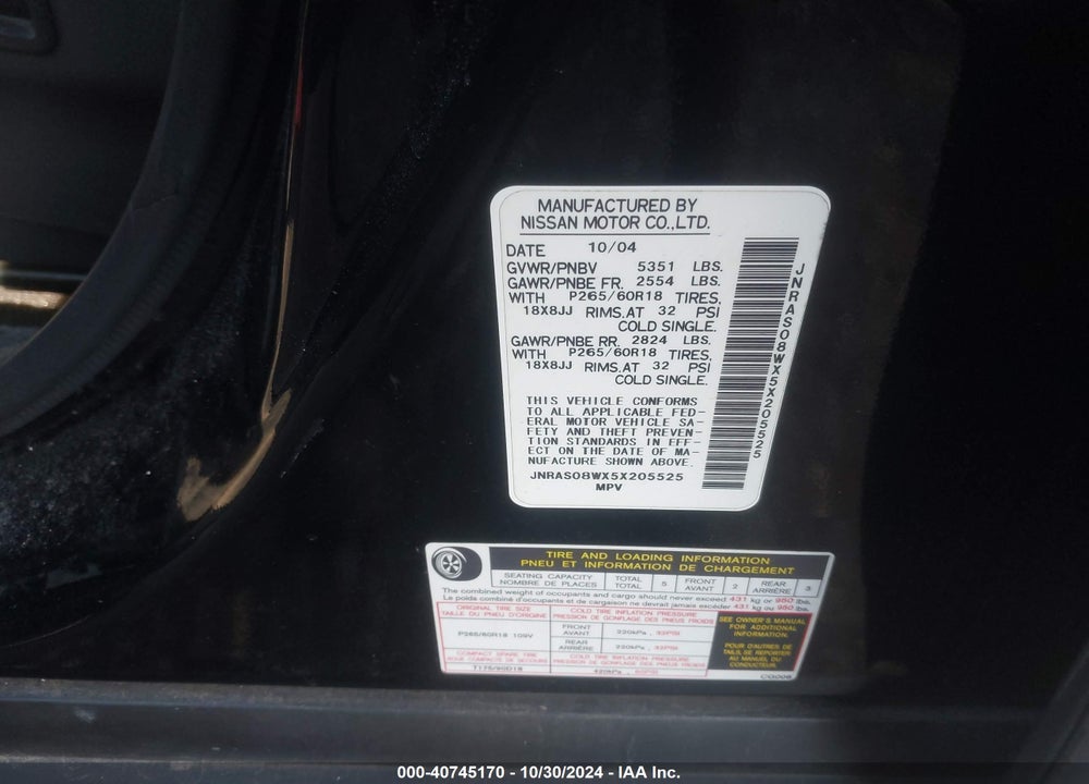 2005 INFINITI FX35 VIN: JNRAS08WX5X205525