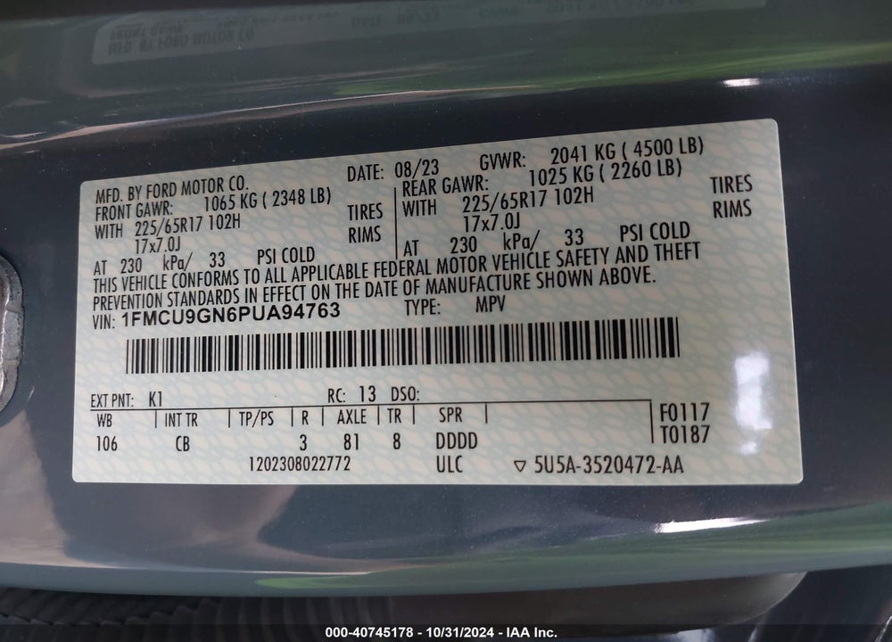 2023 FORD ESCAPE ACTIVE VIN: 1FMCU9GN6PUA94763