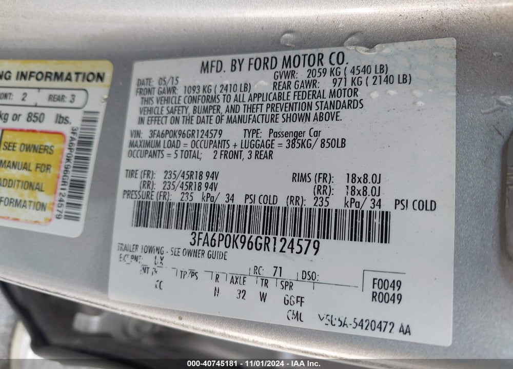 2016 FORD FUSION TITANIUM VIN: 3FA6P0K96GR124579
