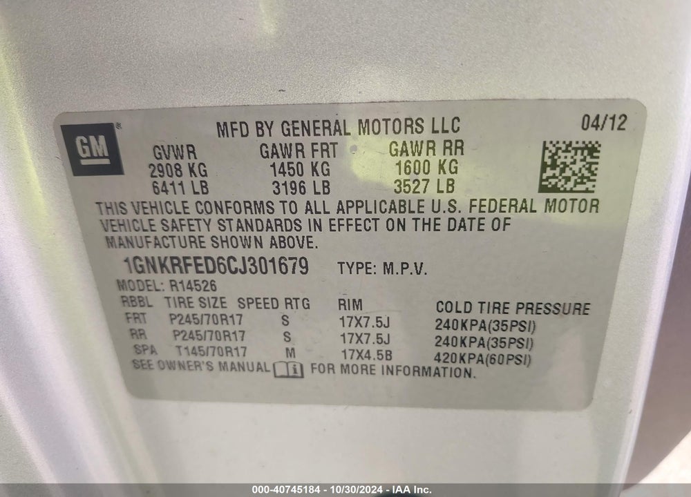 2012 CHEVROLET TRAVERSE LS VIN: 1GNKRFED6CJ301679