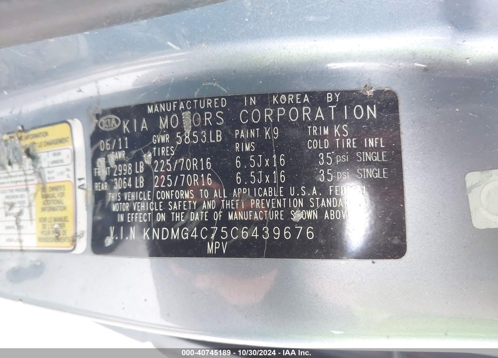 2012 KIA SEDONA LX VIN: KNDMG4C75C6439676