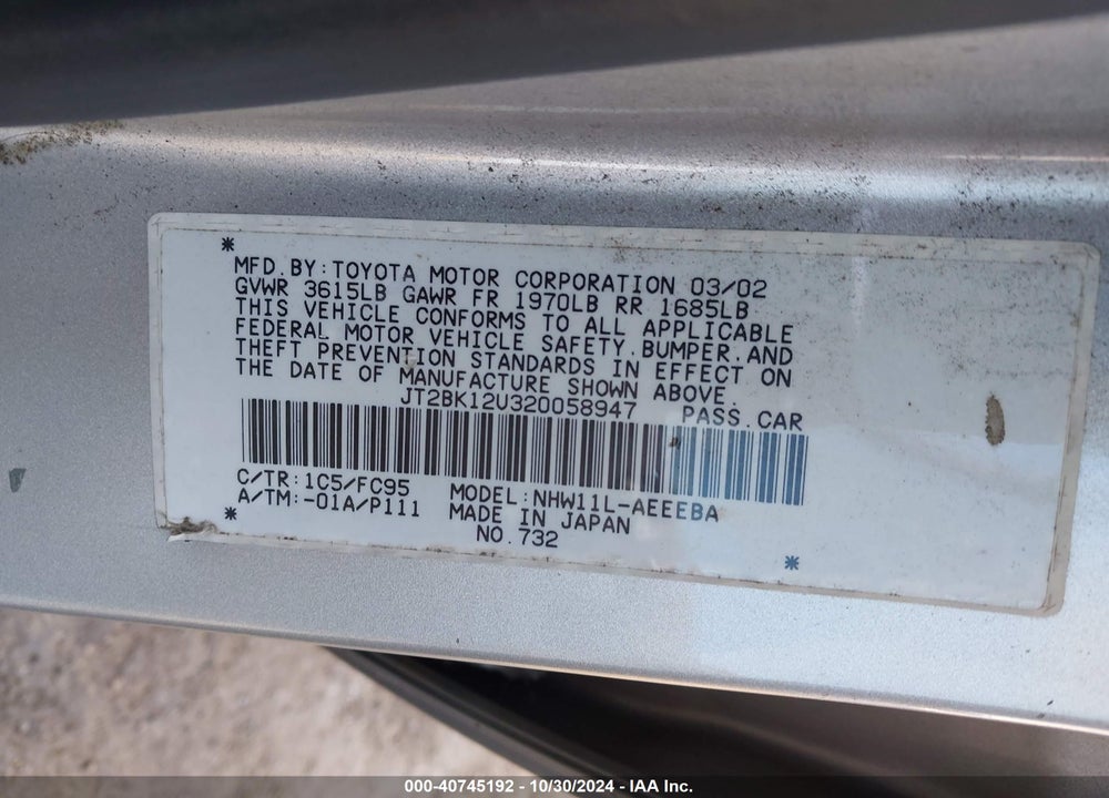 2002 TOYOTA PRIUS VIN: JT2BK12U320058947