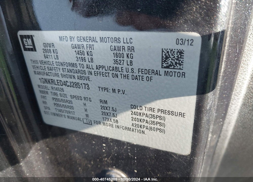 2012 CHEVROLET TRAVERSE LTZ VIN: 1GNKRLED4CJ285173