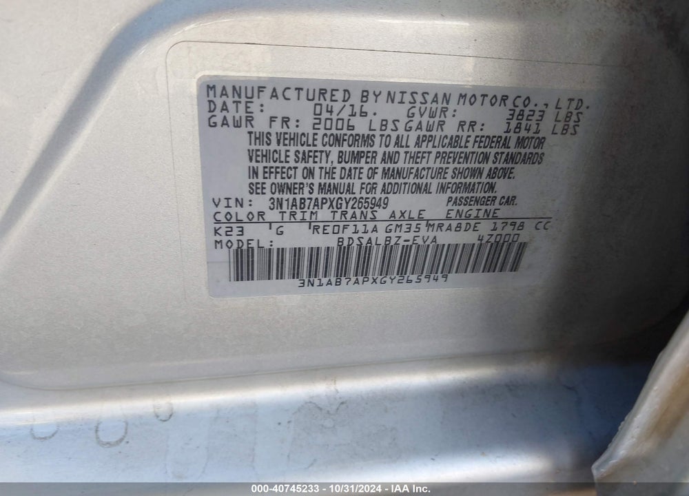 2016 NISSAN SENTRA S VIN: 3N1AB7APXGY265949