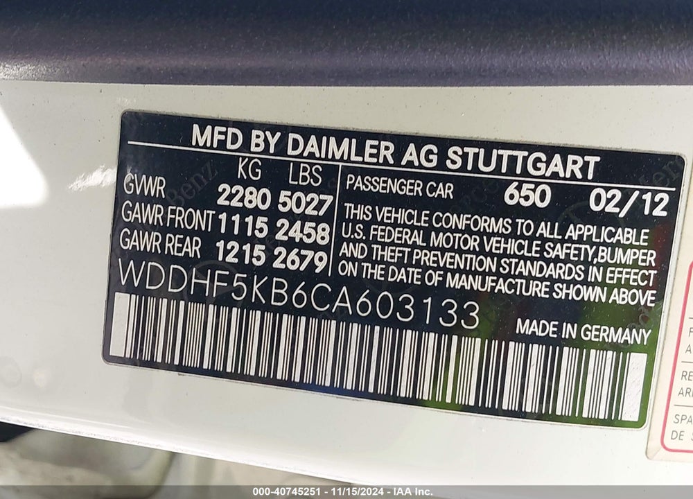 2012 MERCEDES-BENZ E 350 VIN: WDDHF5KB6CA603133