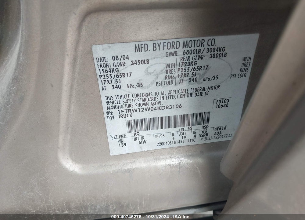2004 FORD F-150 XLT VIN: 1FTRW12W04KD83106