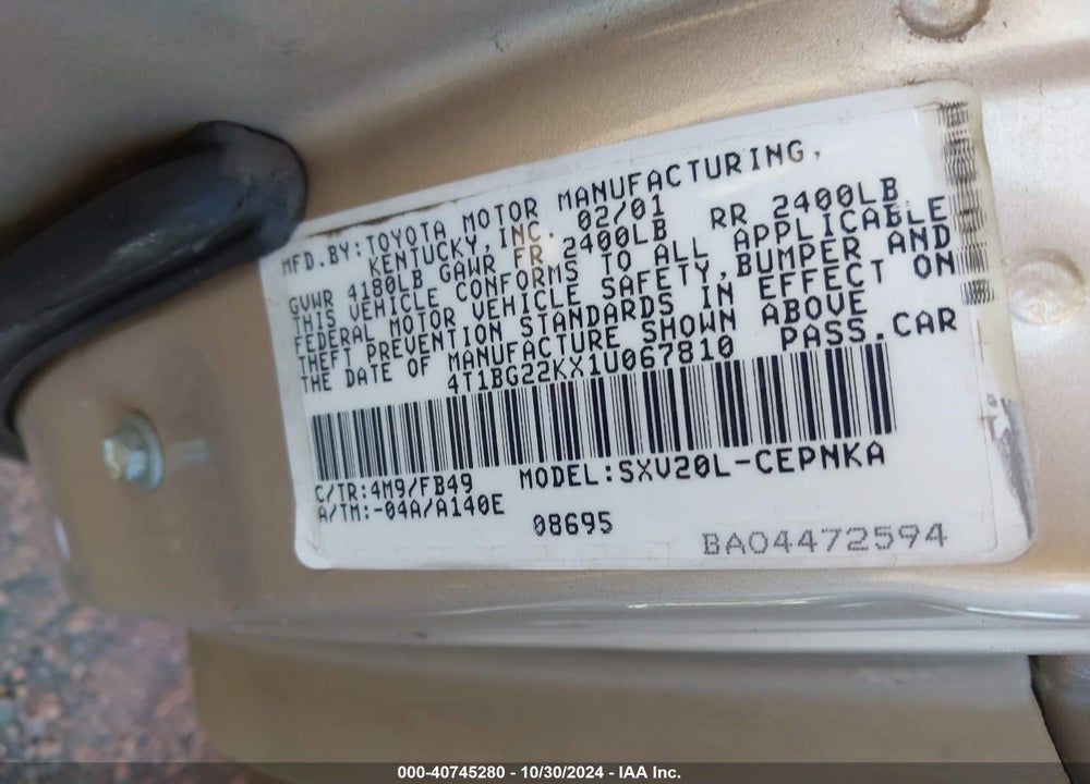 2001 TOYOTA CAMRY LE VIN: 4T1BG22KX1U067810