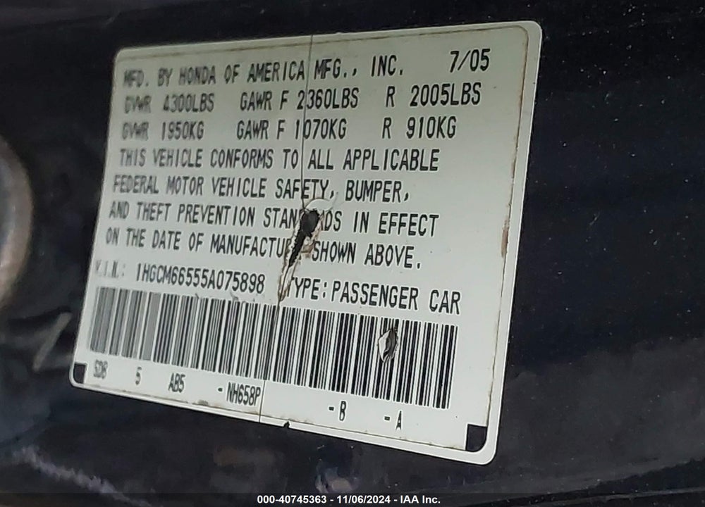2005 HONDA ACCORD 3.0 EX VIN: 1HGCM66555A075898