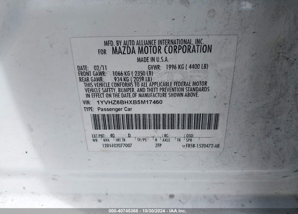 2011 MAZDA 6 I SPORT VIN: 1YVHZ8BHXB5M17460