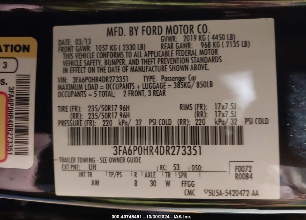 2013 FORD FUSION VIN: 3FA6P0HR4DR273351