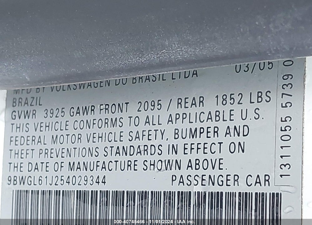 2005 VOLKSWAGEN GOLF GLS 2.0L VIN: 9BWGL61J254029344