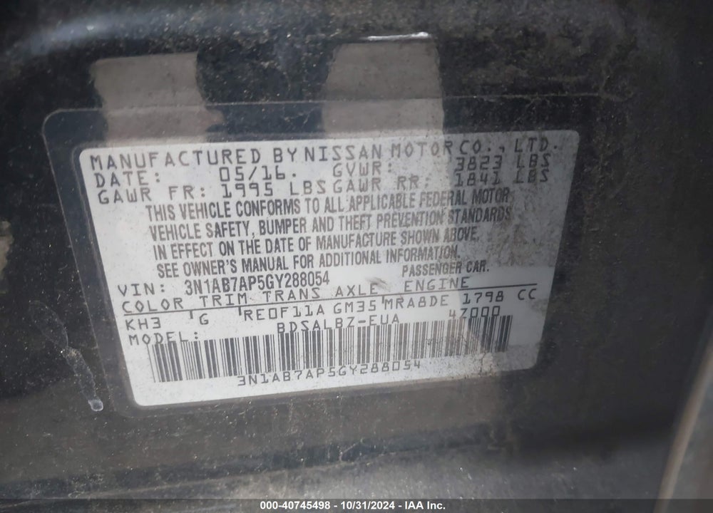 2016 NISSAN SENTRA S VIN: 3N1AB7AP5GY288054