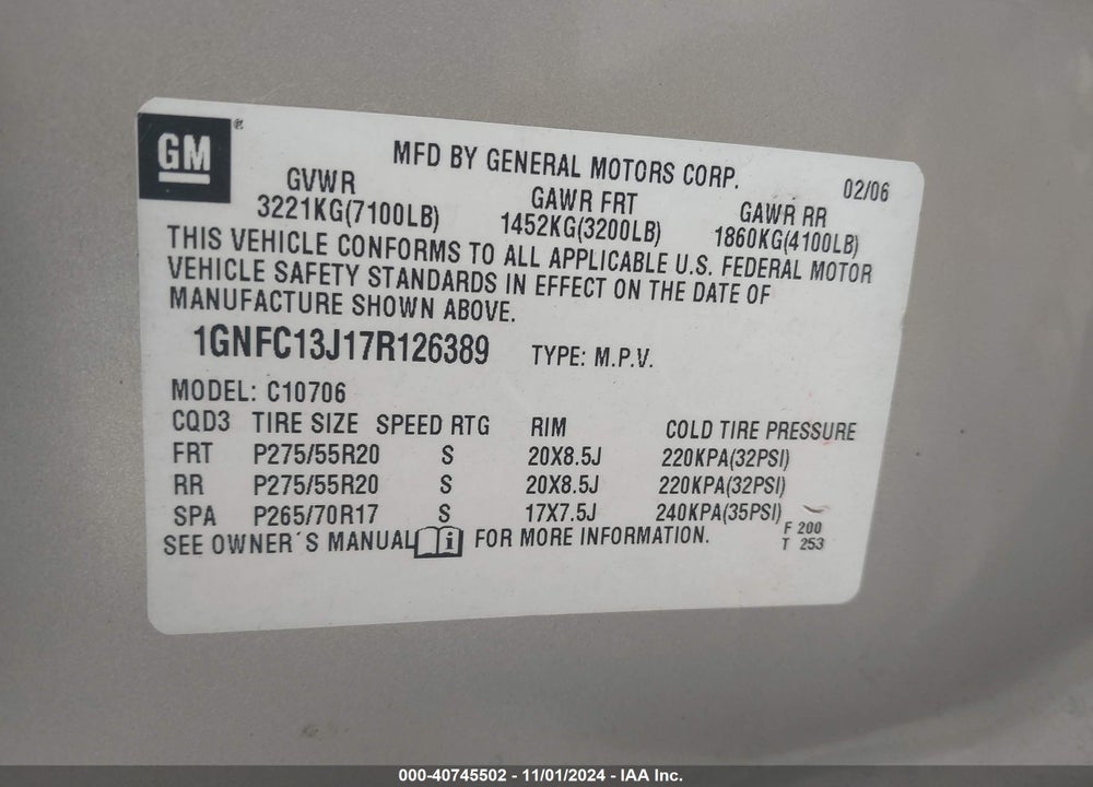 2007 CHEVROLET TAHOE LTZ VIN: 1GNFC13J17R126389