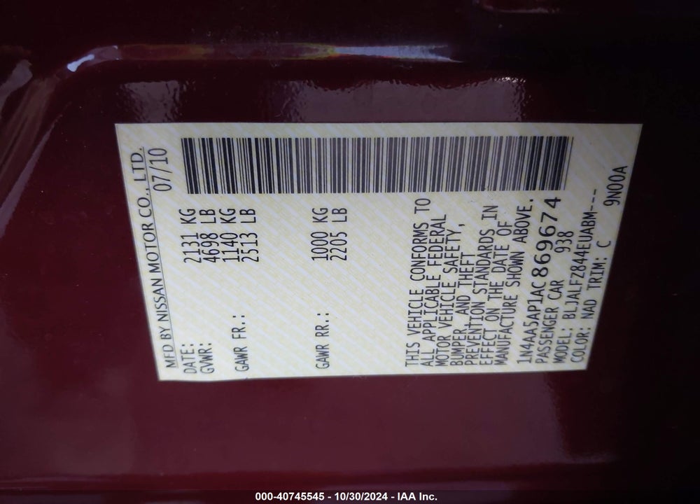 2010 NISSAN MAXIMA 3.5 SV VIN: 1N4AA5AP1AC869674