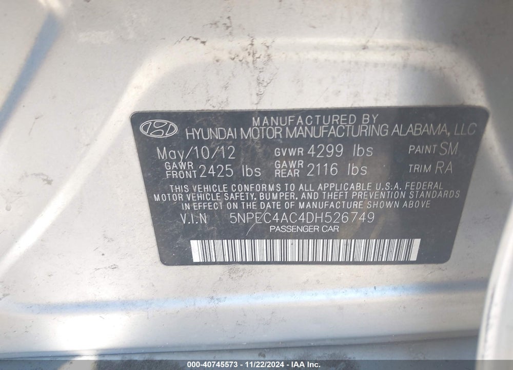 2013 HYUNDAI SONATA SE VIN: 5NPEC4AC4DH526749