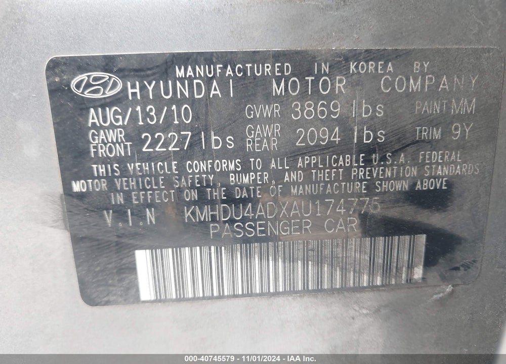 2010 HYUNDAI ELANTRA SE VIN: KMHDU4ADXAU174775