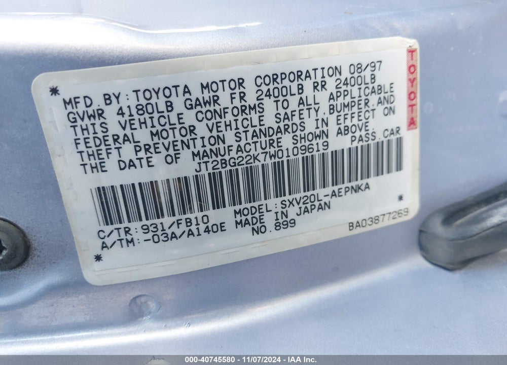 1998 TOYOTA CAMRY LE VIN: JT2BG22K7W0109619