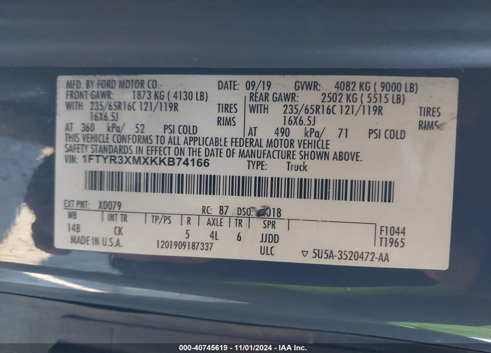 2019 FORD TRANSIT-250 VIN: 1FTYR3XMXKKB74166