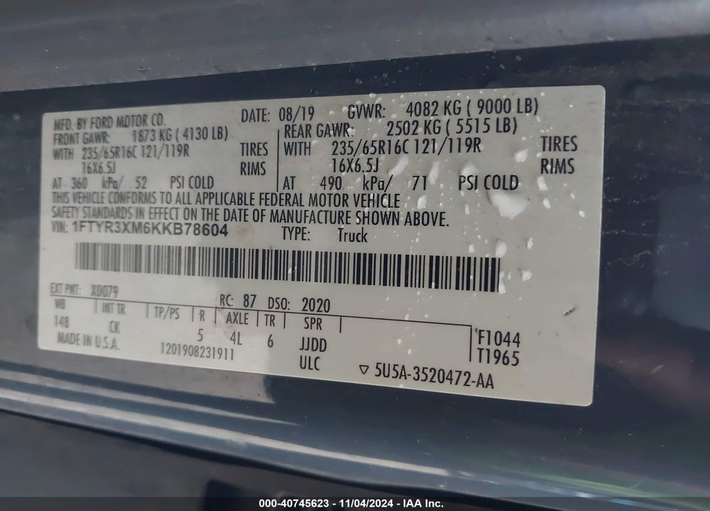 2019 FORD TRANSIT-250 VIN: 1FTYR3XM6KKB78604