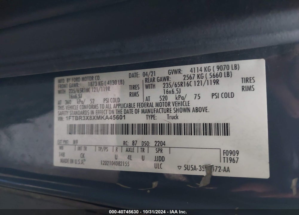 2021 FORD TRANSIT-250 CARGO VAN VIN: 1FTBR3X8XMKA45601