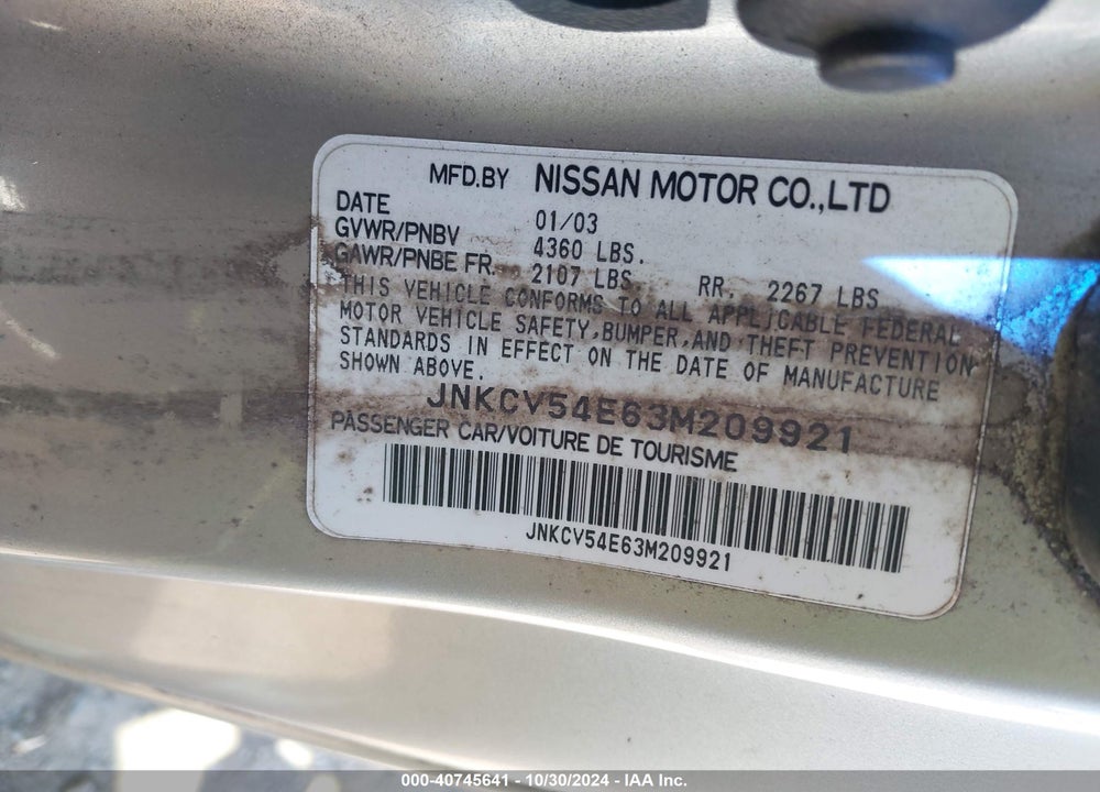 2003 INFINITI G35 BASE W/LEATHER VIN: JNKCV54E63M209921