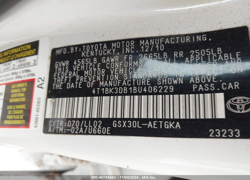2011 TOYOTA AVALON VIN: 4T1BK3DB1BU406229