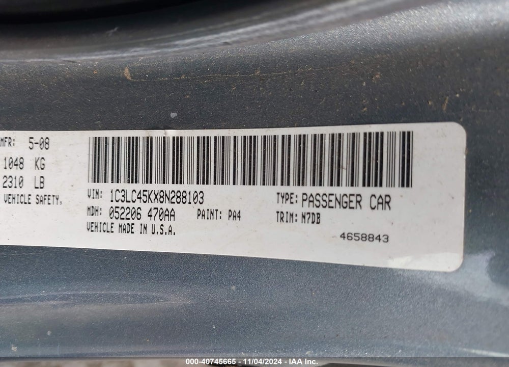 2008 CHRYSLER SEBRING LX VIN: 1C3LC45KX8N288103