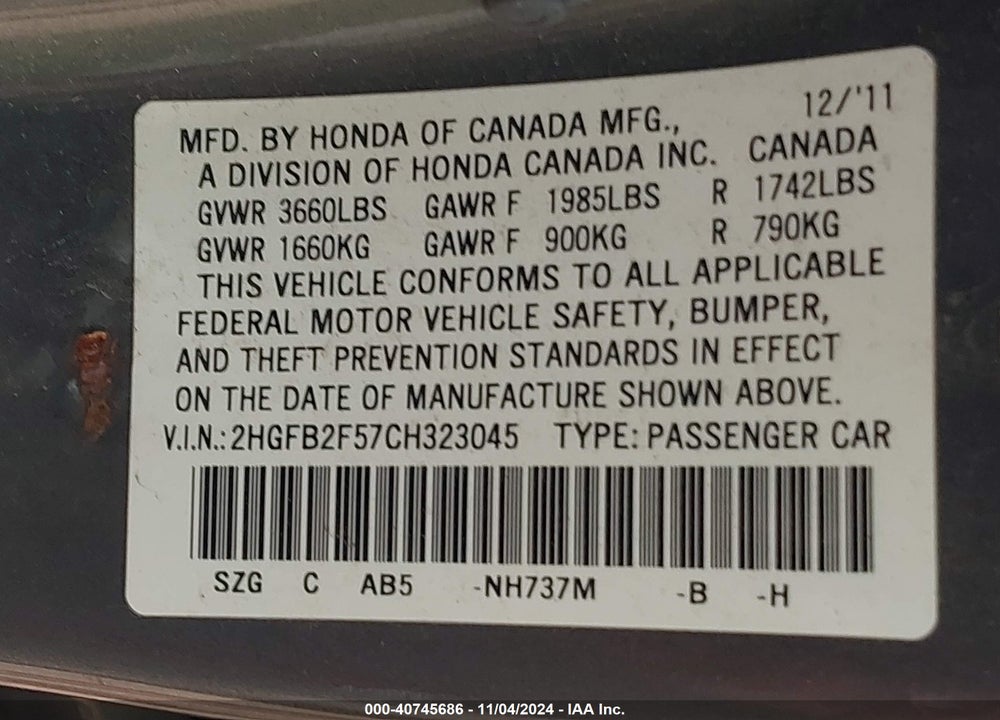 2012 HONDA CIVIC LX VIN: 2HGFB2F57CH323045