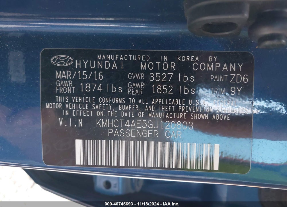 2016 HYUNDAI ACCENT VIN: KMHCT4AE5GU120803