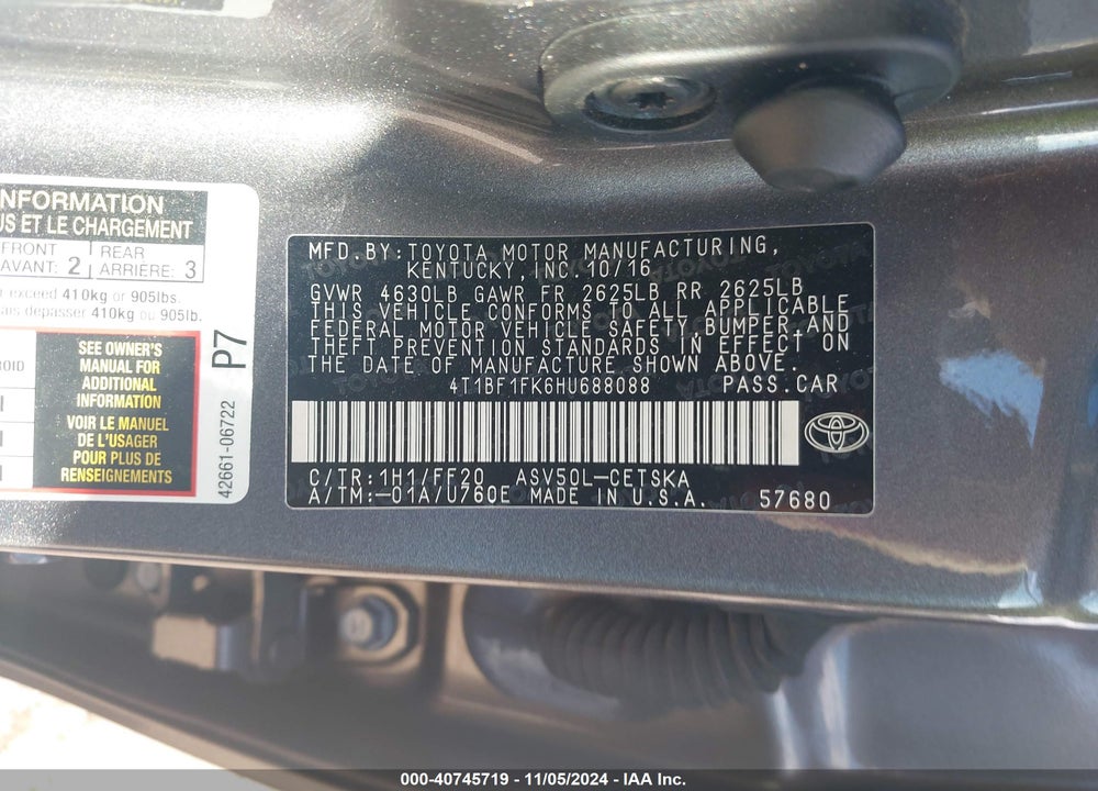 2017 TOYOTA CAMRY SE VIN: 4T1BF1FK6HU688088