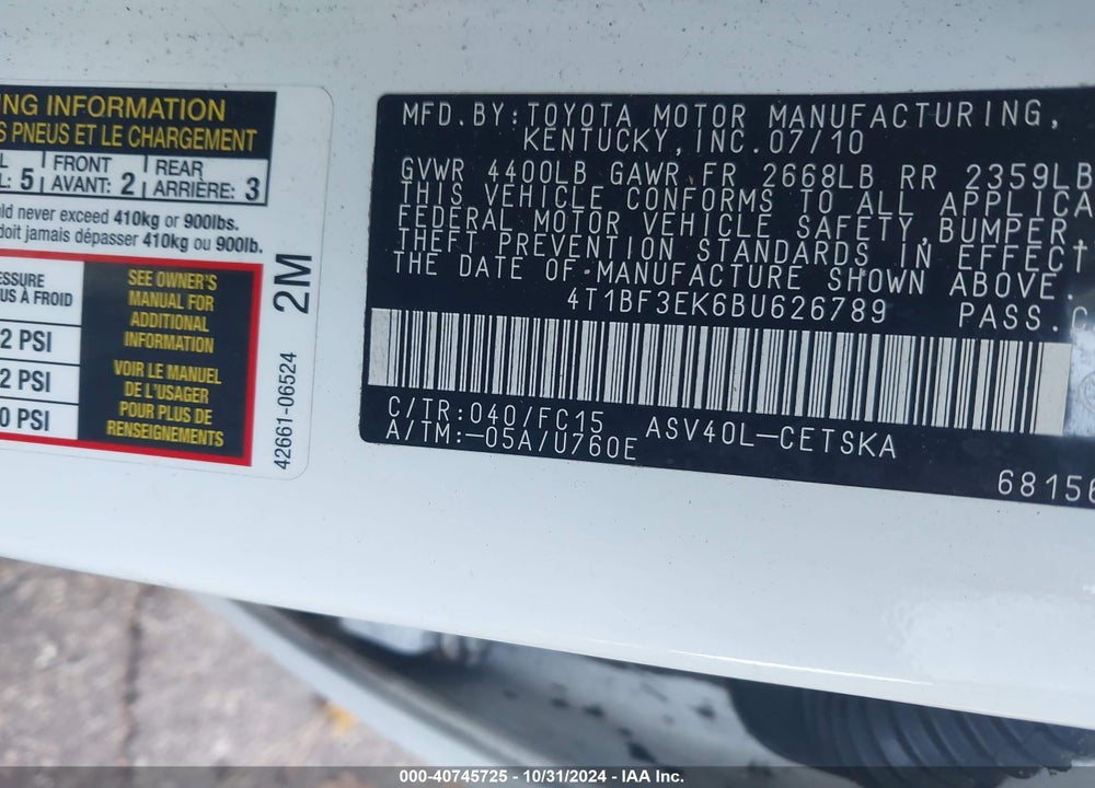2011 TOYOTA CAMRY SE VIN: 4T1BF3EK6BU626789