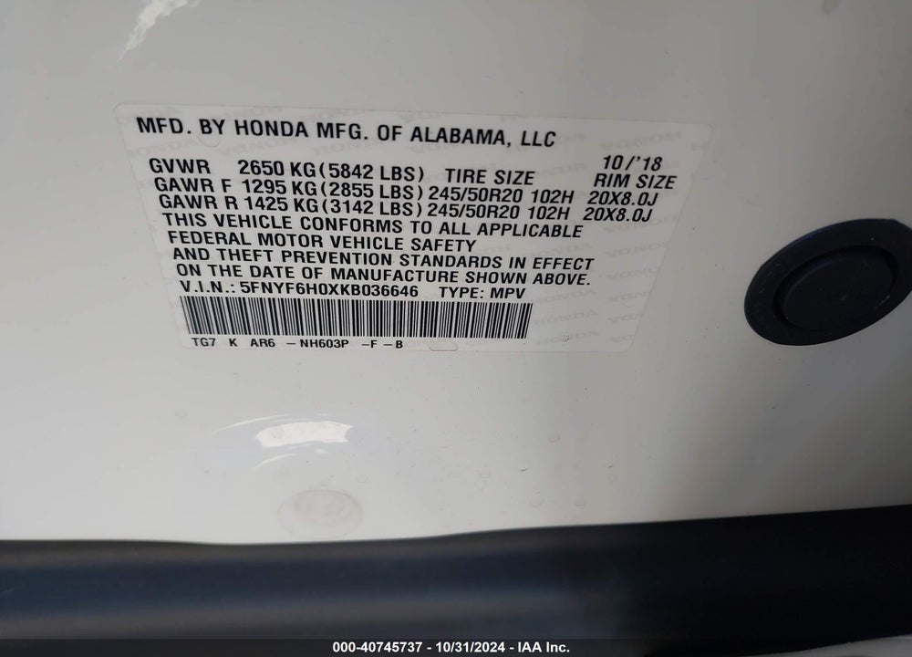 2019 HONDA PILOT ELITE VIN: 5FNYF6H0XKB036646