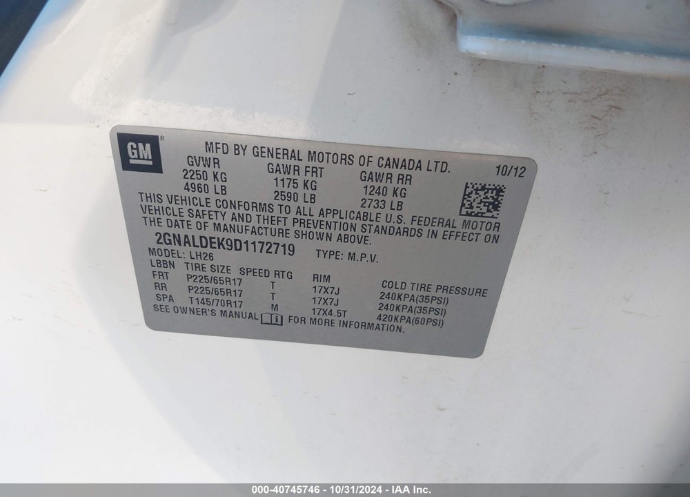 2013 CHEVROLET EQUINOX 1LT VIN: 2GNALDEK9D1172719