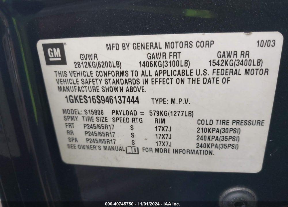2004 GMC ENVOY XL SLE VIN: 1GKES16S946137444